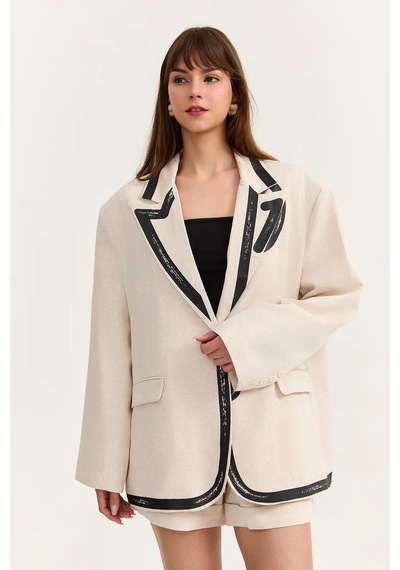 Baskılı Keten Blazer Ceket Natural Naturel