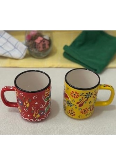 Tr Çini El İşlemeli Seramik Dantel Desen 2li Sarı/kırmızı Kupa Bardak Diğer