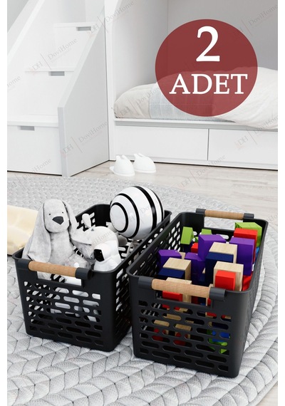 2 Adet Ahşap Saplı Görünüm Siyah Renk Plastik Mutfak Banyo Eşya Organizer Sepet Düzenleyici Set Siyah