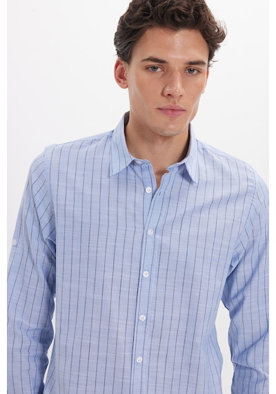 Tudors Erkek Slim Fit Dar Kesim Uzun Kollu %100 Pamuk Keten Doku Çizgili Gömlek-42648 Mavi