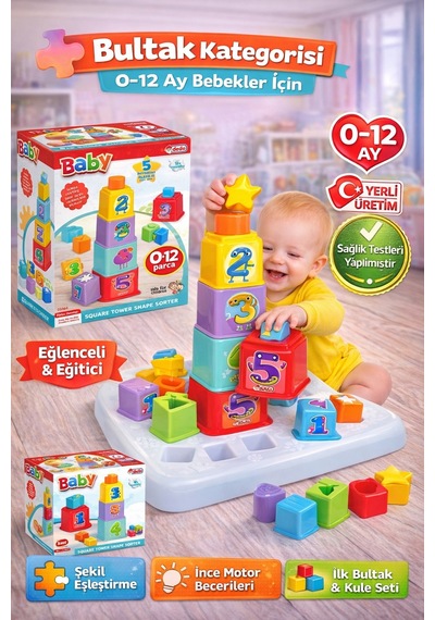 Eğitici Kare Kule Bul-tak - Bebek Oyuncağı - Şekil Takmaca