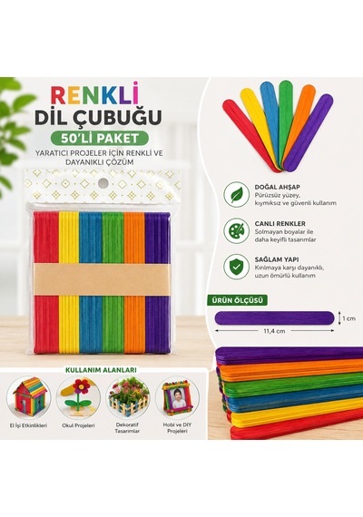 50 Li Renkli Dil Çubuğu Ahşap Hobi Çubuğu El İşi Okul Proje Ve Dıy Etkinlik Çubukları