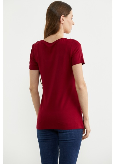 V Yaka Dökümlü Basic Tişört - Bordo