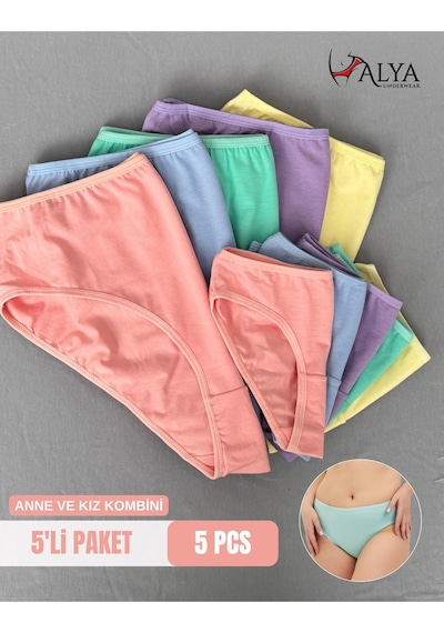 Alya Underwear Anne Kız Kombin Pamuklu Külot - Beyaz Slip İç Çamaşırı - 5'li Paket Çok Renkli-p15