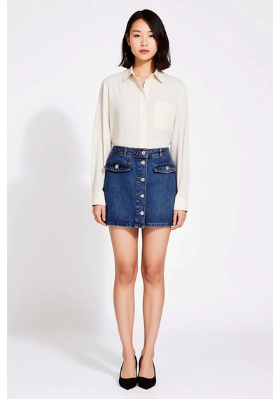 Benerly Kadın Mini Denim Etek Taş Düğme Detaylı Kalem Kesim %100 Pamuk Gü Mavi