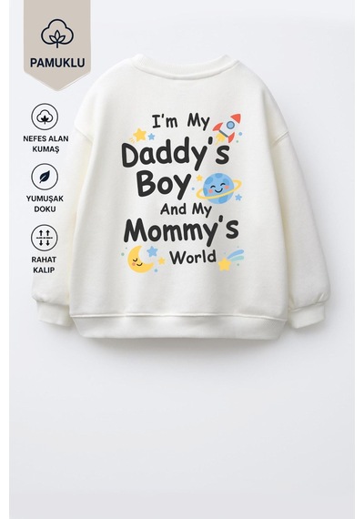 Monila Erkek Çocuk Pamuklu Bisiklet Yaka Babasının Oğlu Baskılı Sweatshirt Ekru