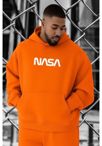 Benroma 3 İplik Penye Nasa Baskılı Büyük Beden Sweatshırt Turuncu