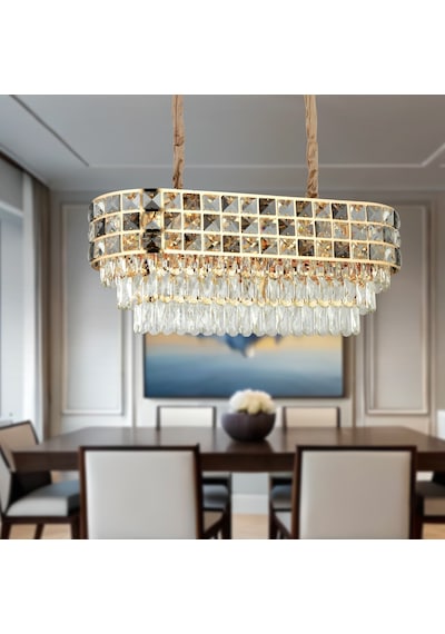 Orrel 8li Sıralı Gold Kristal Taşlı Modern Yemek Odası Salon Sarkıt Avize Sarı