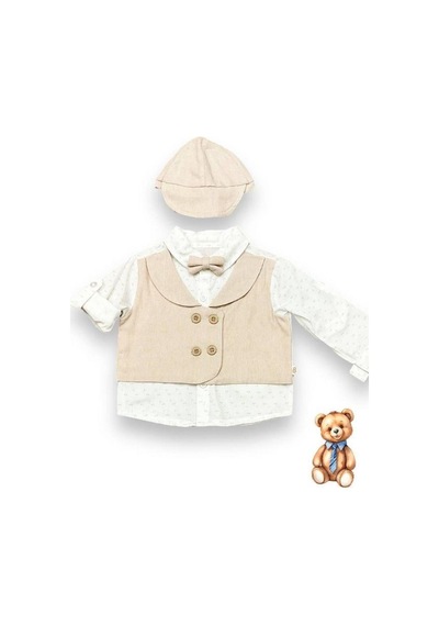 Cantoy Erkek Bebek Papyon Şapka Gömlek Pantolonlu Pamuklu Şık Takım-14693 Bej