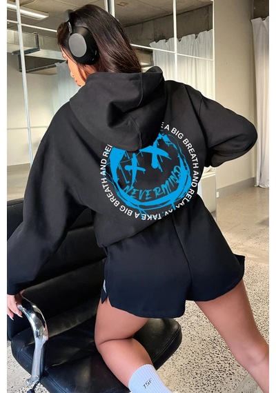 Unisex Kapüşonlu Sweatshirt - Relax Baskılı Oversize Hoodie Siyah