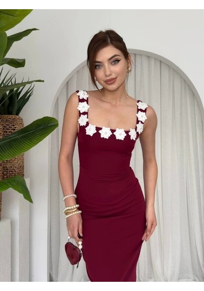 Defymoda Mıng Çiçek Detaylı Elbise Bordo