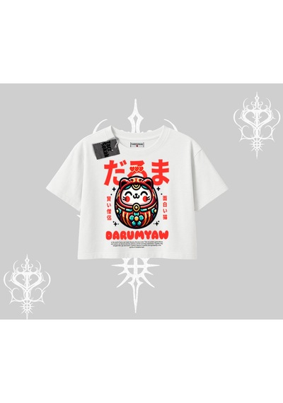 Tarzsokak Oversize Crop Tshirt Daruma Kedi Anime Baskılı Beyaz
