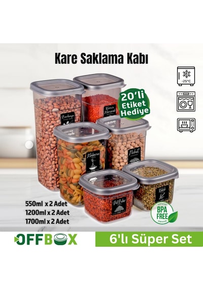 Offbox Kare Bakliyat Baharat Gıda Saklama Kabı - 3 Çeşit - 6 Adet Antrasit Şeffaf