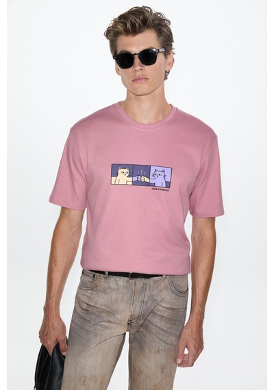 Grimelange Stone Erkek Yuvarlak Yakalı Önü Baskılı Pembe T-shirt