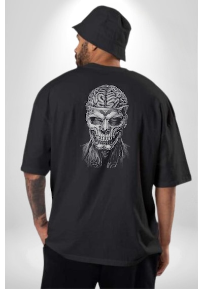 İnsan Beyni Korku Sineması Pamuklu Unisex Oversize Sırt Dijital Baskılı Siyah T-shirt Siyah
