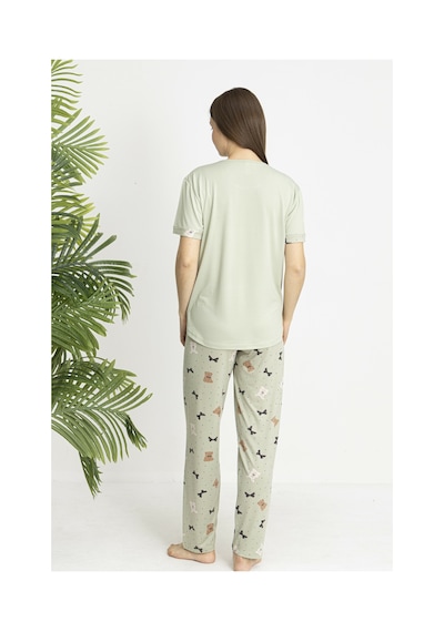 Estiva Kadın Ayıcık Alt Desenli Kısa Kollu Soft Pijama Takımı Yeşil