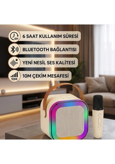 Bluetooth Karaoke Mikrofon Hoparlör Seti 6 Saat Kullanım Süreli Kablosuz Müzik Eğlence Seti