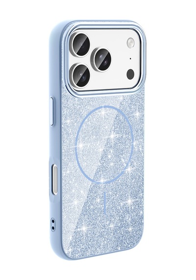 İphone 18 Pro Max Kılıf M-safe Şarj Özellikli Parlayan Simli Zore Okso Kapak - Açık Mavi