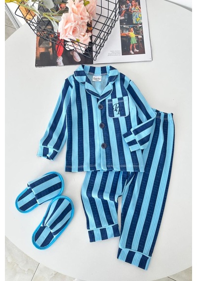 Minigimin Cicileri Çizgi Desenli Terlikli Erkek Çocuk Pijama Takımı - Mavi