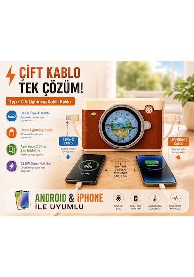 Smart Treasure M3 10000 Mah 22.5w Hızlı Şarjlı Powerbank Bluetooth Hoparlör 1.53 Dokunmatik Akıllı Ekranlı Taşınabilir Şarj Cihazı Kahverengi
