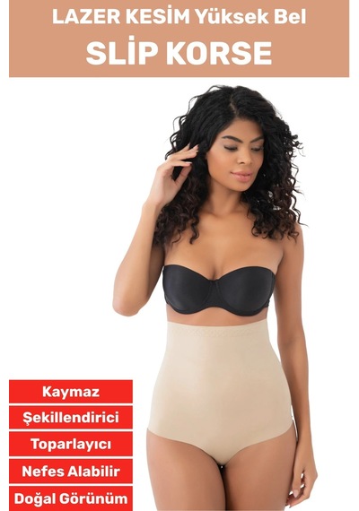 İz İç Göstermez Kaymaz Sıkılaştırıcı Vücut Şekillendirici Lazer Kesim Yüksek Bel Slip Korse Bej