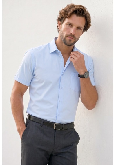 Tudors Erkek Regular Fit Klasik Kesim Pamuklu Kısa Kollu Armürlü Mavi Gömlek-50283