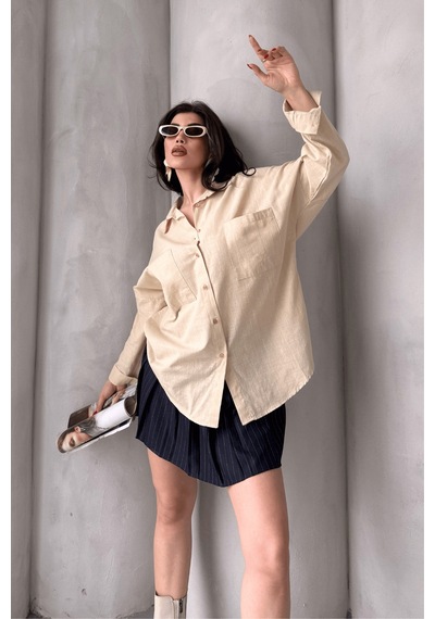 Paw Garage Kadın Harper Çift Cepli Oversize Keten Gömlek, 2025 Summer Collection Taş