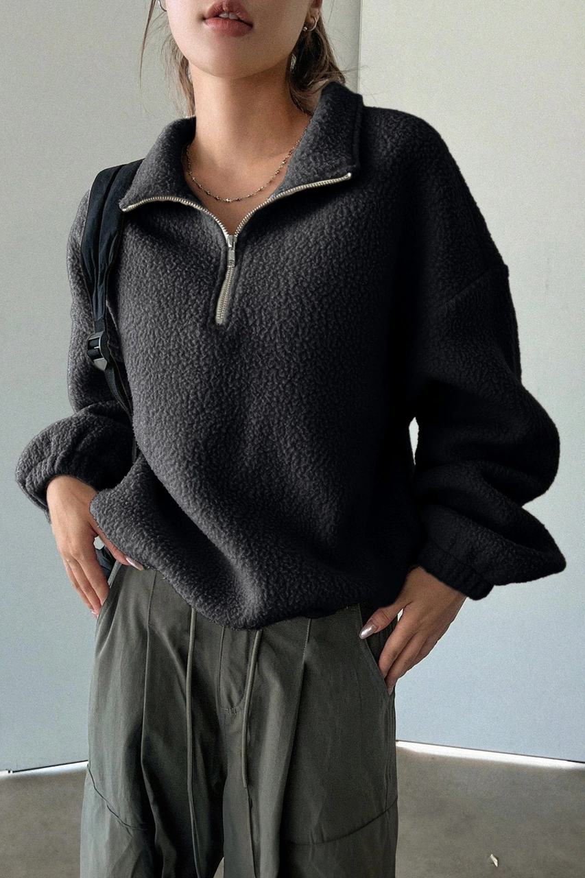 Ghassy Co. Kadın Ultra Isı Peluş Sherpa Oversize Yarım Metal Fermuar Lastik Ayarlı Polar Sweatshirt Siyah