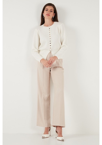 Lela Premium Comfort Fit Yuvarlak Yaka Crop Triko Bayan Hırka 680Hi00164 Ekru