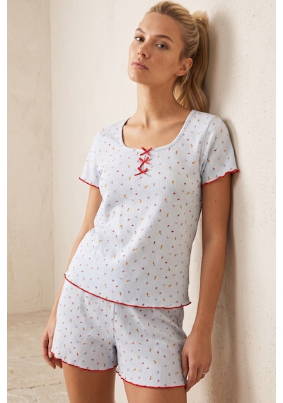 Siyah İnci Fiyonklu Pointelli Örme Şortlu Pijama Takımı 26120260 mavi