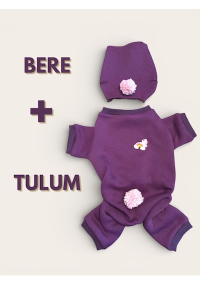 Purple Ponpon Pony Kedi Tulumu & Bere Takımı Şardonlu Polar Kumaş Tüy Dökülmesini Mor 2XL