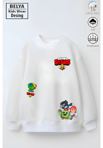 Belyakidswear Tam Kalıp Oversize Erkek Çocuk Pamuğa Pamuk 3 İplik Kumaş Star2 Tasarım Sweatshirt Beyaz