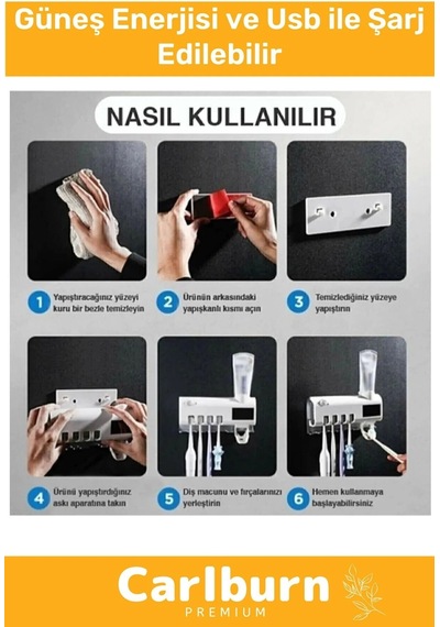 Premium Usb Şarjlı Güneş Enerjili Otomatik Diş Macun Sıkacağı Sterilizatörlü 4 Adet Fırçalığı Tutucu Diğer