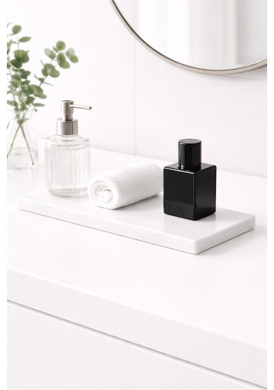 Minimal Beyaz Mermer Tepsi 35x10 Cm 1.3 Cm İnce Profil Vanity & Banyo Düzenleyici Beyaz