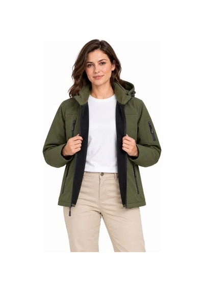 Butik İstanbul Su Geçirmez Softshell İçi Polar Astarlı Çıkarılabilir Kapüşonlu 4 Cepli Mont Ceket - Haki