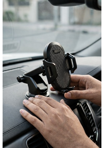 360 Dönebilen Araç Telefon Tutucu - Çift Montajlı Ön Cam + Torpido Tüm Telefonlara Uyumlu Siyah
