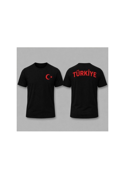 Herkesemoda Ay Yıldız Baskı Detaylı Basic T-shirt Siyah