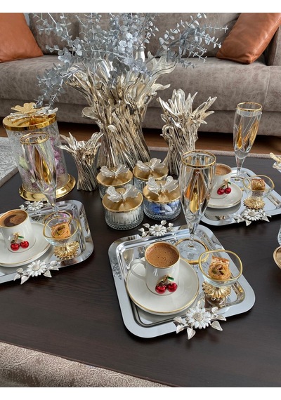 Atabey Home Collection 6'lı Kahve & Çay & Sunum Tepsisi Çelik Gümüş Tepsi Papatya Model