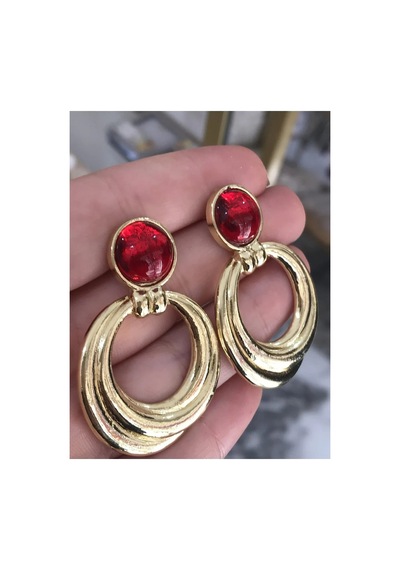 Vintage Kırmızı Taş Model Küpe Altın