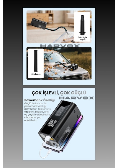 Harvox Jump Starter Akü Takviye Cihazı 10 İn 1 Powerbank, Hava Kompresörü, Lcd Ekran,12.000mah