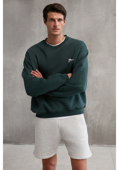 Grimelange Ernest Erkek Organik Pamuklu Yumuşacık Baskı Detaylı Bisiklet Yaka Içi Polarlı Koyu Yeşil Sweatshirt