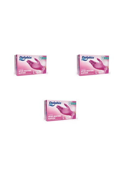 Dolphin Tek Kullanımlık Pembe Nitril Eldiven - Muayne Eldiveni Large Büyük Boy - 100'lü 3 Paket