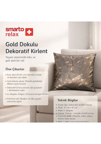 Smarto Relax Dolgulu Kırlent Tekli Antibakteriyel Desenli Dekoratif 45x45 Cm Siyah - Altın