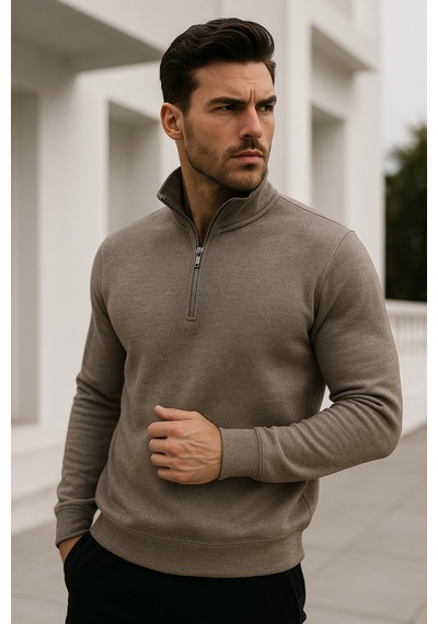 Rich Erkek Bej Yarım Fermuarlı Sweatshirt Bej