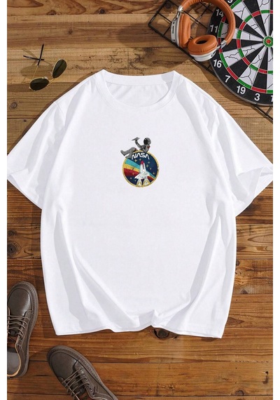 Flood Of Style Unisex Nasa Baskılı T-shirt Beyaz