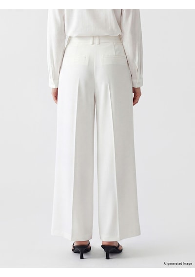 Lcw Modest Ekru Loose Fit Keten Görünümlü Kadın Pileli Pantolon