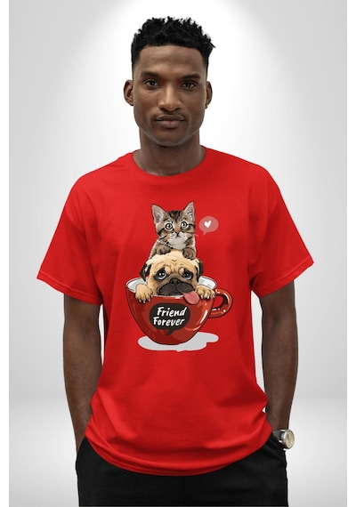 Kedi Ve Köpek Sonsuzadek Arkadaşız Pamuklu Bisiklet Yaka Unisex Oversize Boyfriend Dijital Baskılı Kırmızı T-shirt Kırmızı