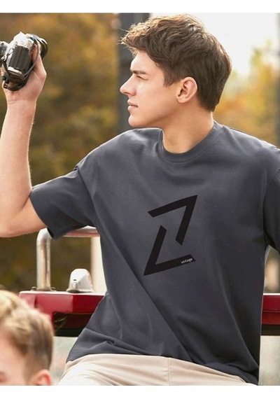 Füme Oversize Şekil Baskılı T-shirt - Oversize Baskılı Füme