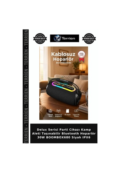 Delux Serisi Parti Cihazı Kamp Aleti Taşınabilir Bluetooth Hoparlör 30w Boombox680 Siyah Ipx6
