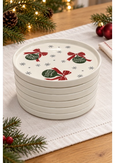 Merry Christmas 6 Lı 20 Cm Stackable Seramik Pasta, Tatlı Ve Servis Tabağı Seti Beyaz